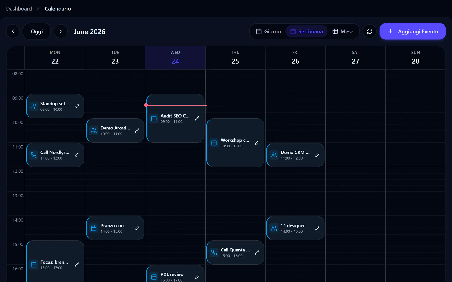 Vista settimanale del calendario con riunioni, chiamate e appuntamenti