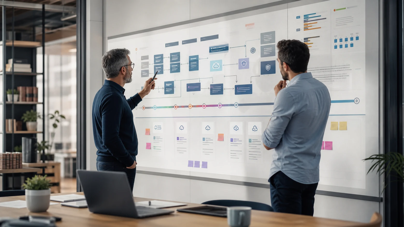 Riunione strategica con roadmap tecnologica per una PMI e decisioni architetturali visualizzate su una lavagna.