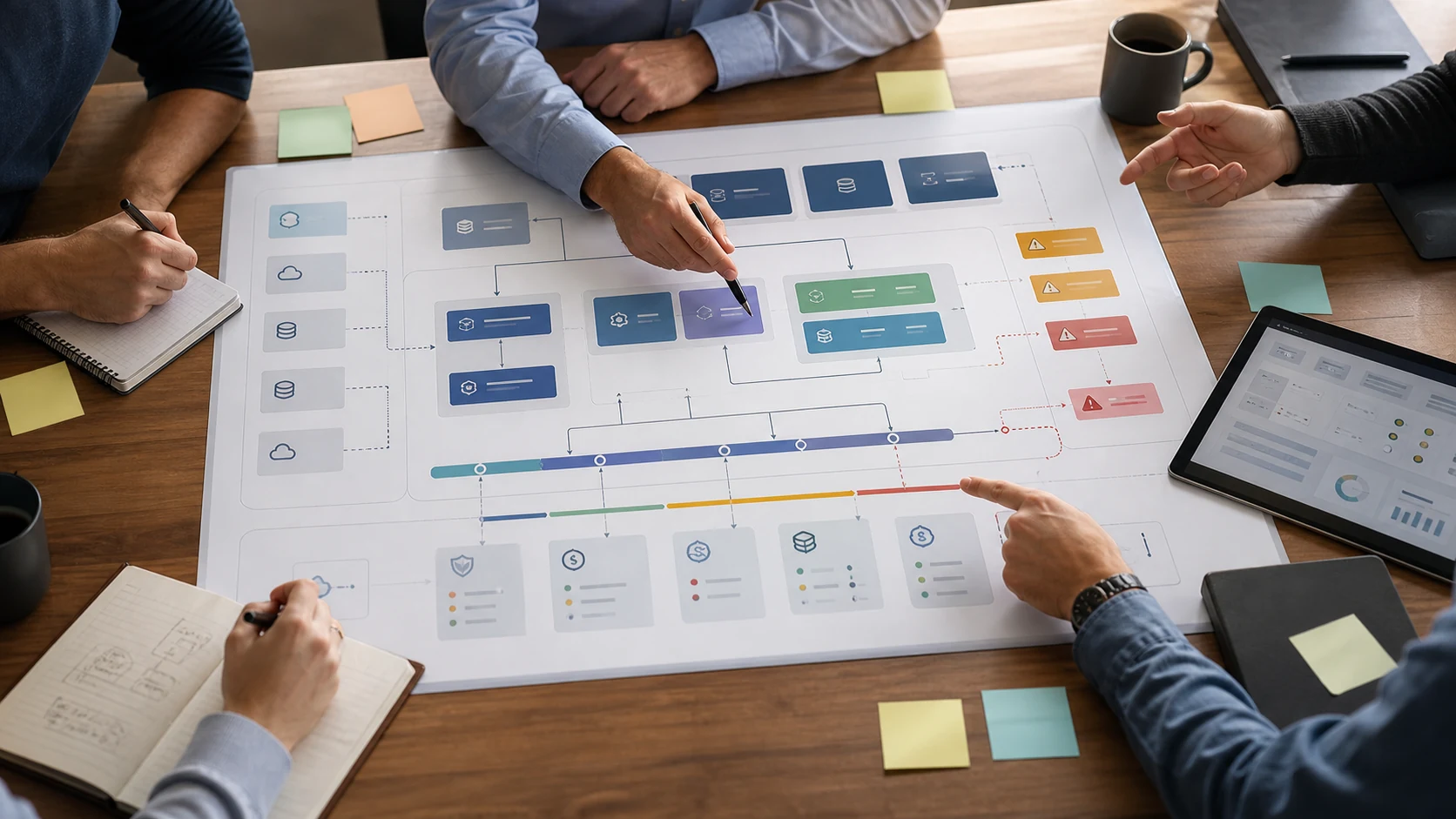 Roadmap tecnologica su tavolo riunioni con schede architetturali, rischi e priorità di investimento per una PMI.