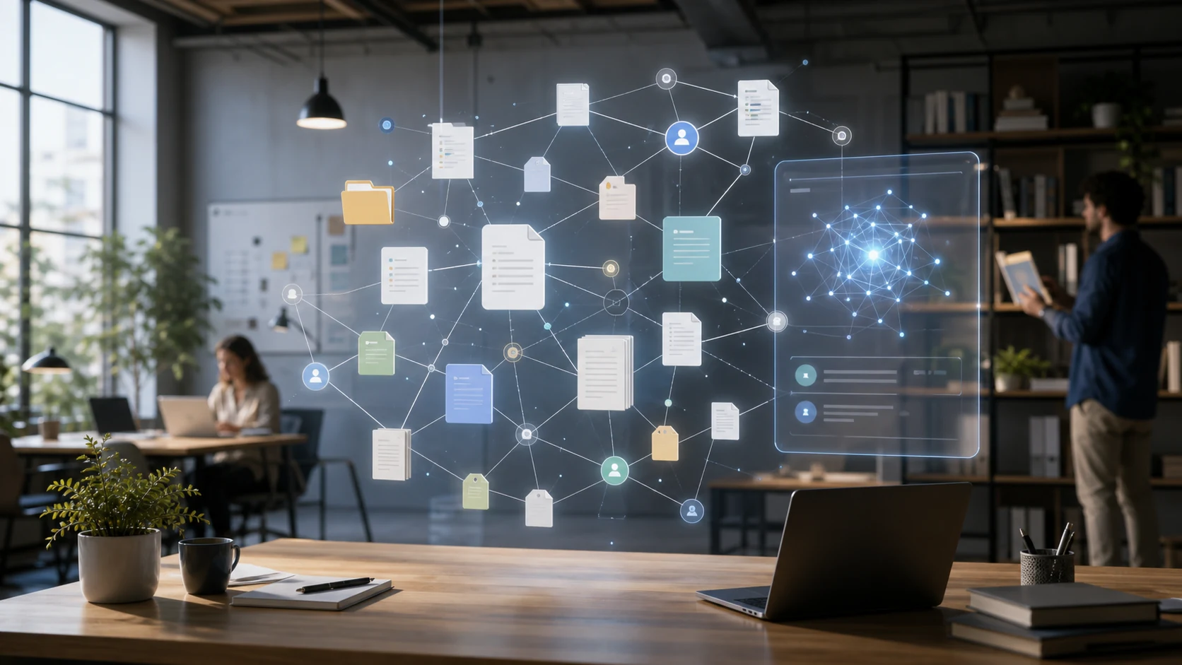 Schema di una knowledge base aziendale con documenti collegati tra loro tramite tag ed entità