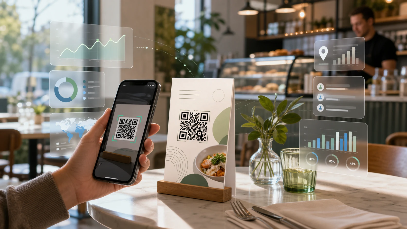 Smartphone che inquadra un QR code su un menu da ristorante, con un grafico delle scansioni in sovrimpressione