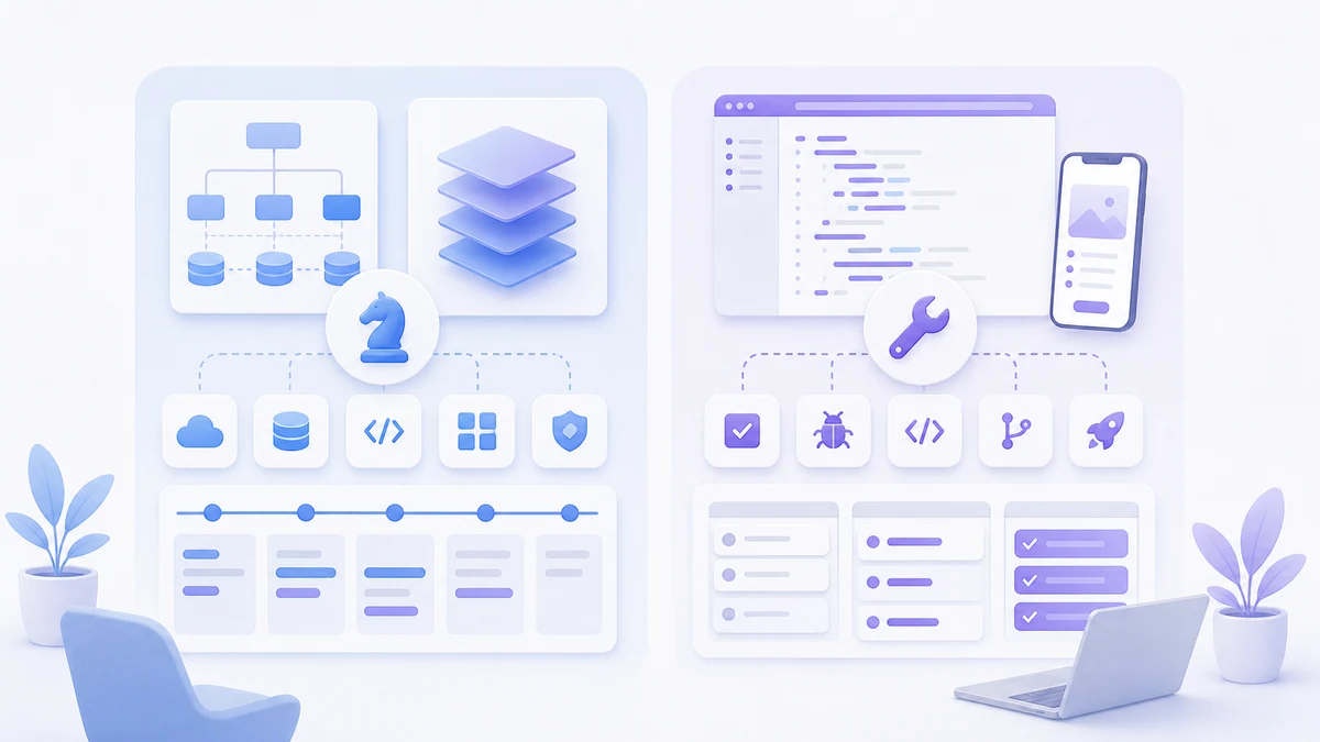 La distinzione tra ruolo strategico - architettura e scelte di stack - e ruolo operativo, rappresentata come due colonne affiancate. Stile: illustrazione editoriale moderna e minimale, palette del brand (blu e viola tenui su fondo chiaro), nessun testo nell'immagine.